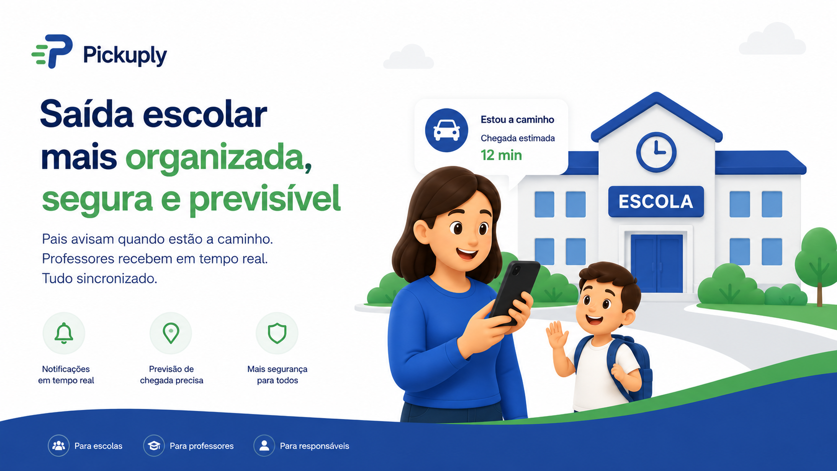Interface Pickuply: organização da saída escolar com filas e notificações em tempo real